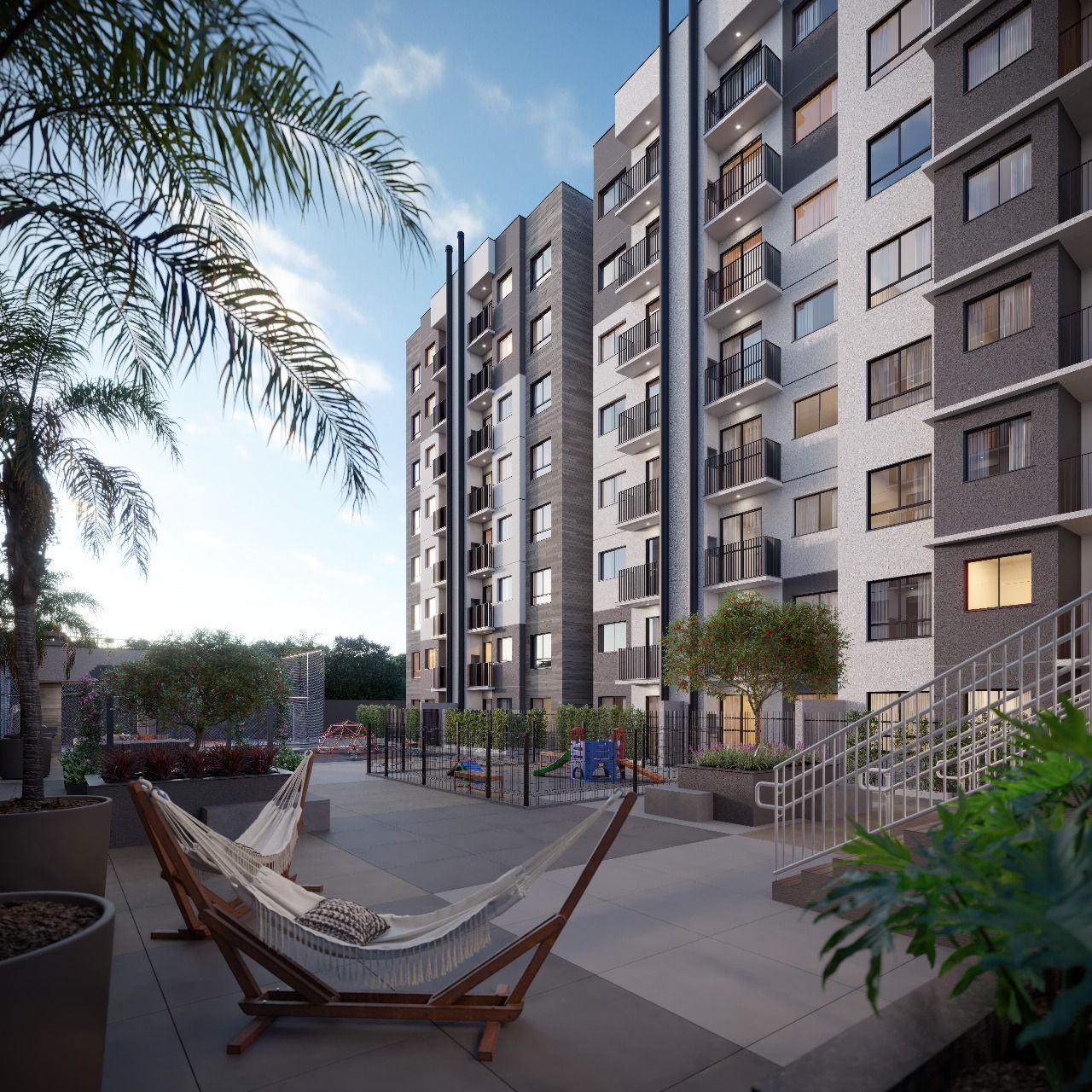 Área externa com redário e edifícios